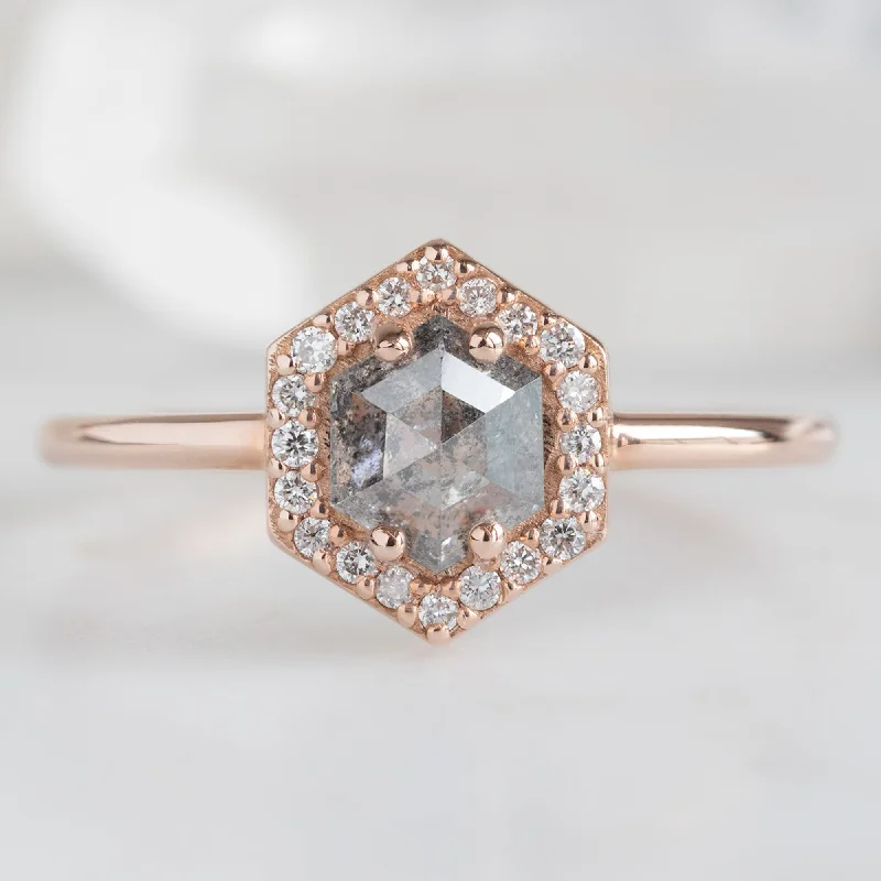 Vintage filigree engagement rings-The Dahlia Ring | 0.89ct Hexagon Salt and Pepper Diamond in 14K Rose Gold