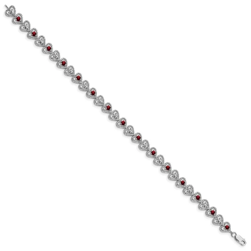 Curved art bangles-Curata 925 Sterling Silver Textured Polished Open back Lobster Claw Closure Garnet Diamond Bracelet