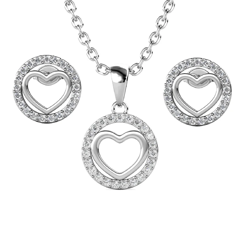 Polished bead necklaces-Khaleesi 18k White Gold Plated Silver Heart Necklace and Earring Set with Swarovski Crystals