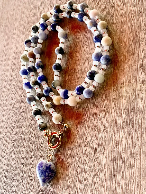 Vivid stone necklaces-Belinda Handmade Sodalite, Moonstone, and Silver Plated Hematite 30" Necklace with Sodalite Heart Pendant