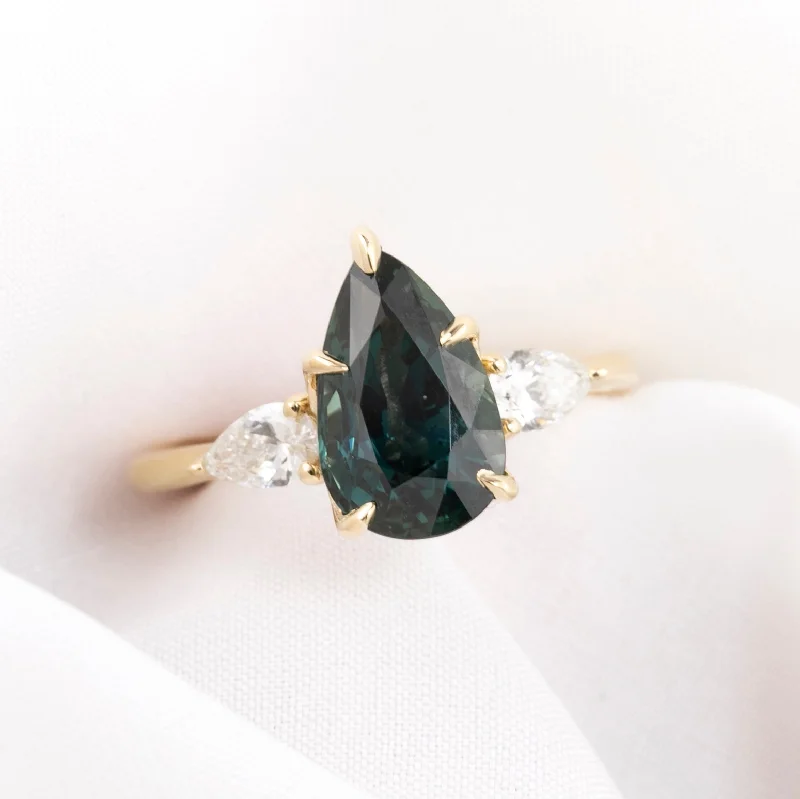 Bold halo engagement rings-Claire Ring 3.07ct Teal Blue Sapphire, 14k Yellow Gold (One of a kind)