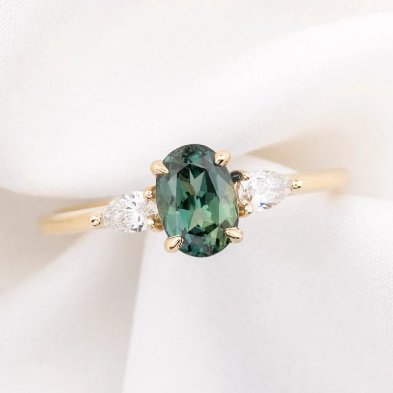 Art deco engagement rings-Olivia Ring 1.32ct Green Queensland Sapphire, 14k Yellow Gold (One of a kind)