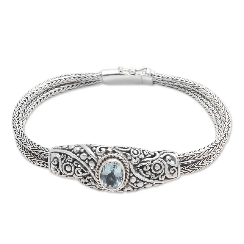 Fine bead bangles-NOVICA Double Naga, Blue topaz pendant bracelet