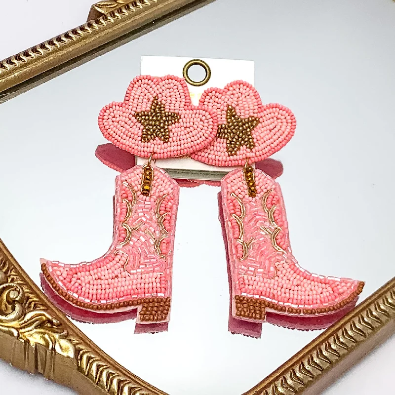 Classic flair earrings-Beaded Cowboy Hat and Boot Earrings with Gold Star in Pink