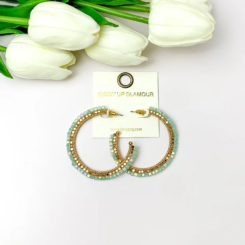 Sleek stud earrings-Gold Tone Beaded Hoop Earrings with a Mint Crystal Outline