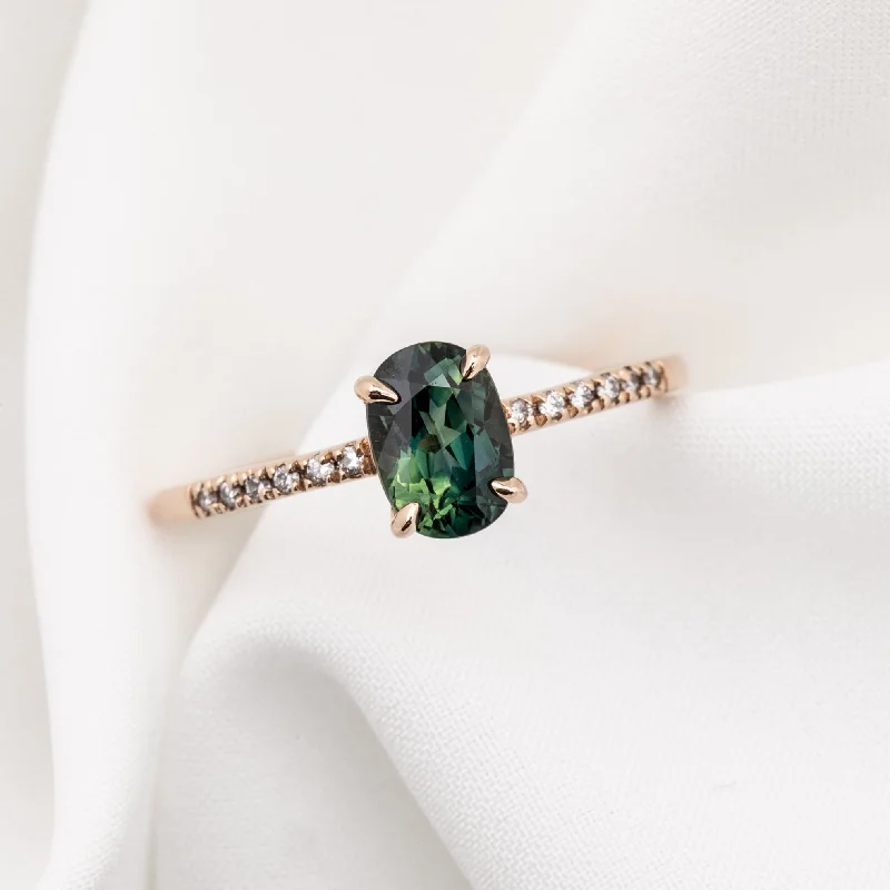 Classic gold engagement rings-Audrey Ring 1.1ct Deep Blue Green Queensland Sapphire, 14k Rose Gold (One of a kind)