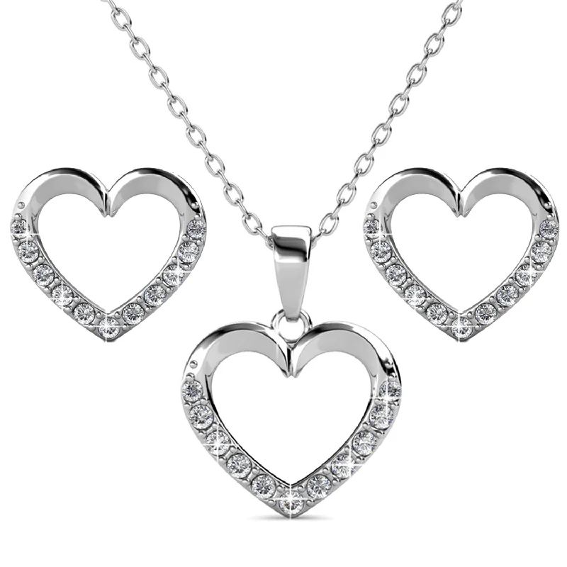 Solid chain necklaces-Chelsea 18k White Gold Plated Silver Heart Necklace and Earring Set with Swarovski Crystals