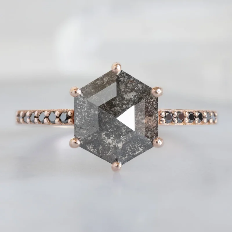 Matte silver engagement rings-The Willow Ring | 1.81ct Black Hexagon Diamond in 14K Rose Gold