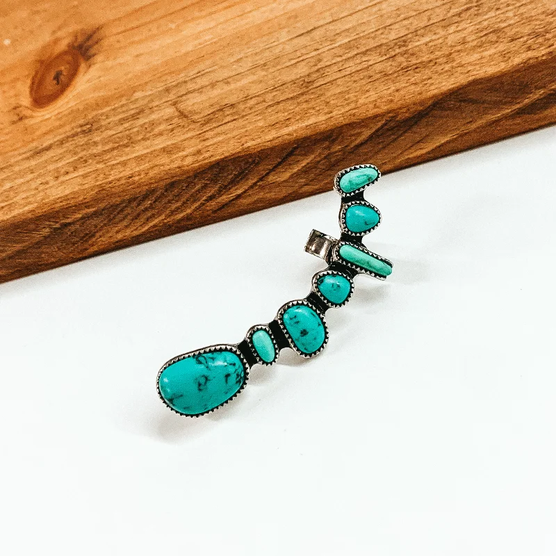 Bamboo style earrings-Out of Line Silver Tone Earring Cuff with Faux Stones in Turquoise