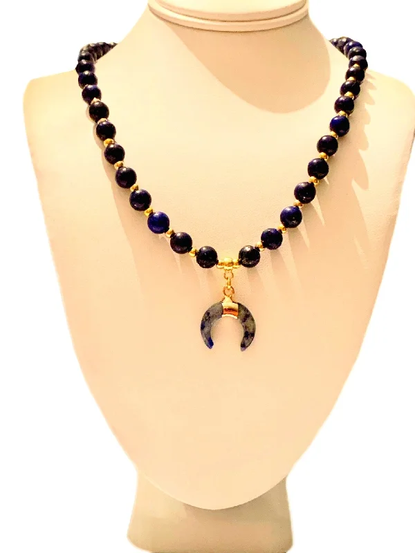 Vivid stone necklaces-Luria- Handmade Genuine Lapis Lazuli Beaded and Lapis Lazuli Moon Pendant Necklace