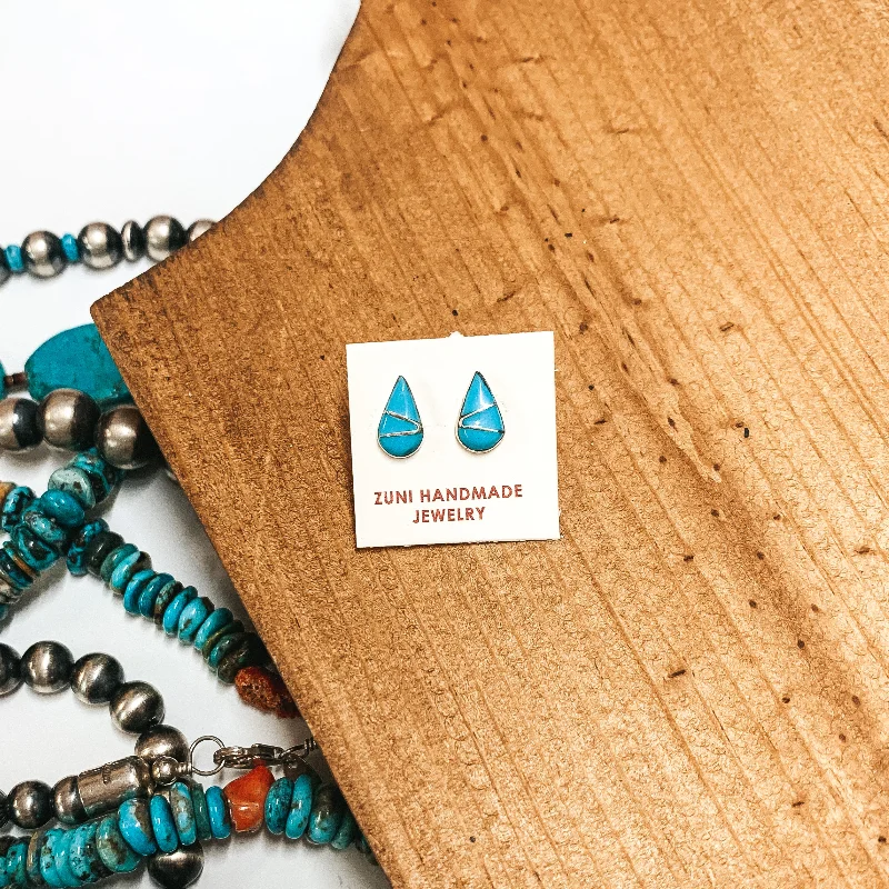 Glossy silver earrings-Zuni | Zuni Handmade Sterling Silver Teardrop Stud Earrings in Turquoise