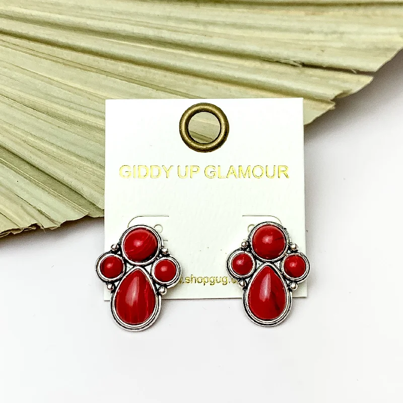 Bead weave earrings-Silver Tone Cluster Stone Earrings in Red