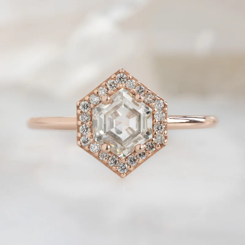 Emerald halo engagement rings-The Dahlia Ring | 0.77ct Hexagon Pink Diamond in 14K Rose Gold