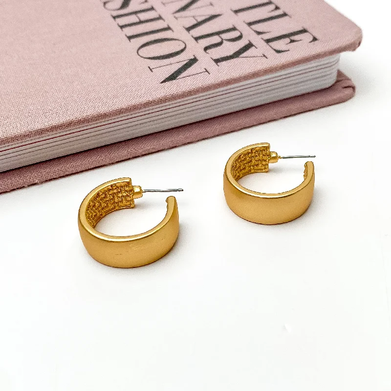 Leaf hoop earrings-Gold Tone Small Hoop Earrings With a Textured Inside