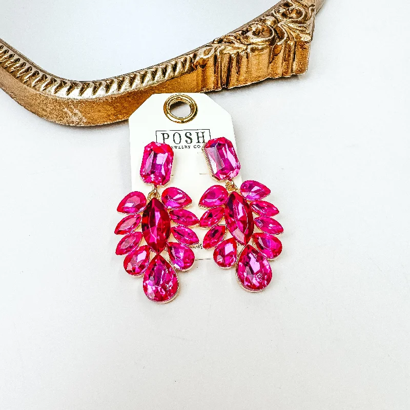 Cedar wood earrings-Posh by Pink Panache | Gold Tone Crystal Teardrop Statement Earrings in Fuchsia Pink