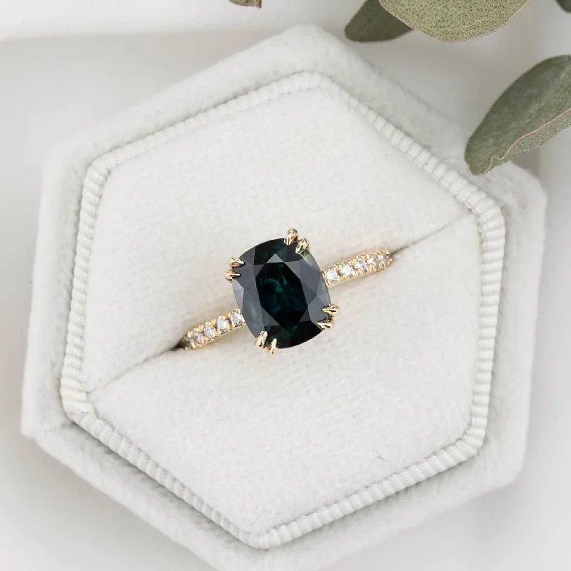 Engraved initial engagement rings-Sabrina Grand Ring 3.39ct Deep Teal Blue Queensland Sapphire, 14K Yellow Gold (One of a kind)