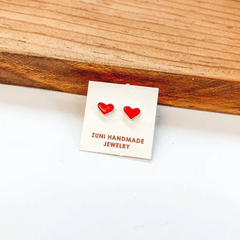 Bold cuff earrings-Sarah Bowannie | Zuni Handmade Sterling Silver Heart Stud Earrings in Red Coral