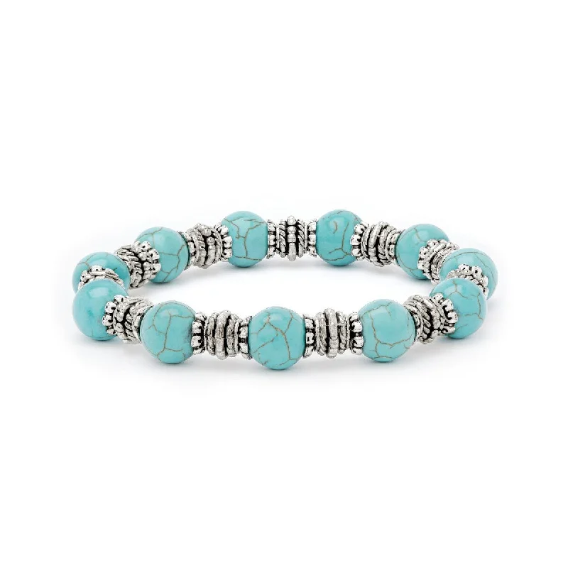 Sea bead bangles-Silver Plated Simulated Turquoise Round Stretch Bracelet