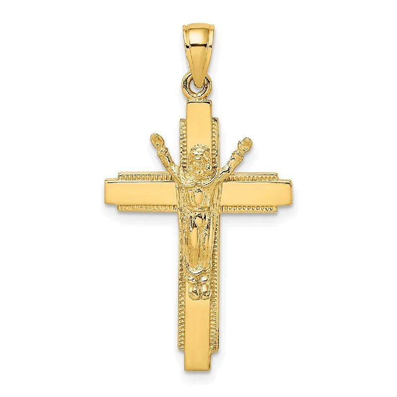 Tight clasp necklaces-Curata 14k Yellow Gold Risen Christ Crucifix Beaded Edge Cross Necklace 18mm x 35mm