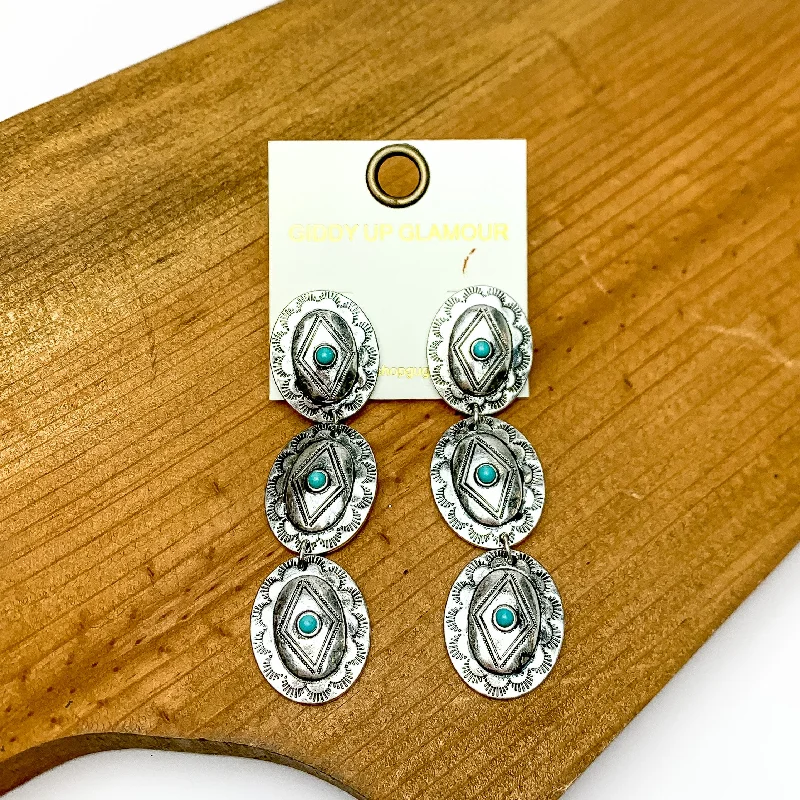 Rough texture earrings-Three Tier Silver Tone and Turquoise Oval Dangle Earrings