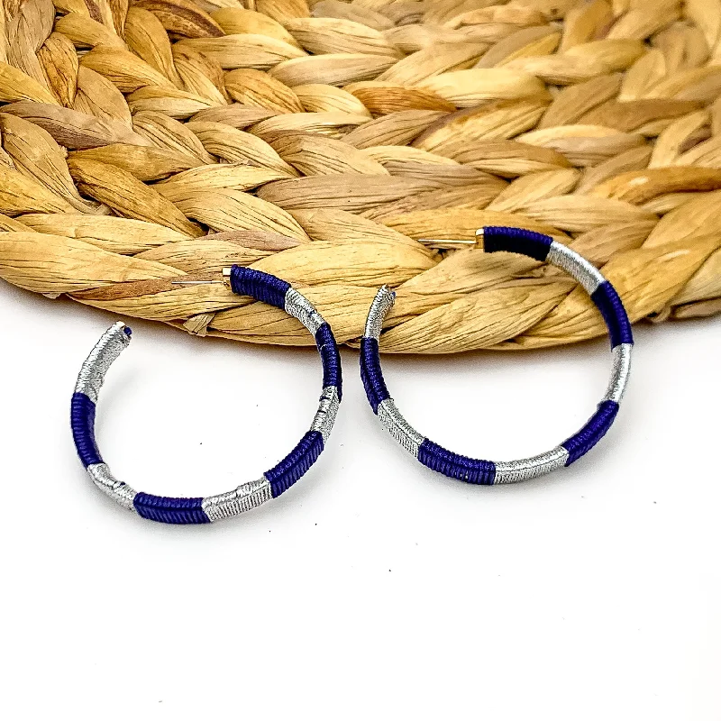 Alloy metal earrings-Game Day Glam Colored Hoop Earrings in Navy and Silver