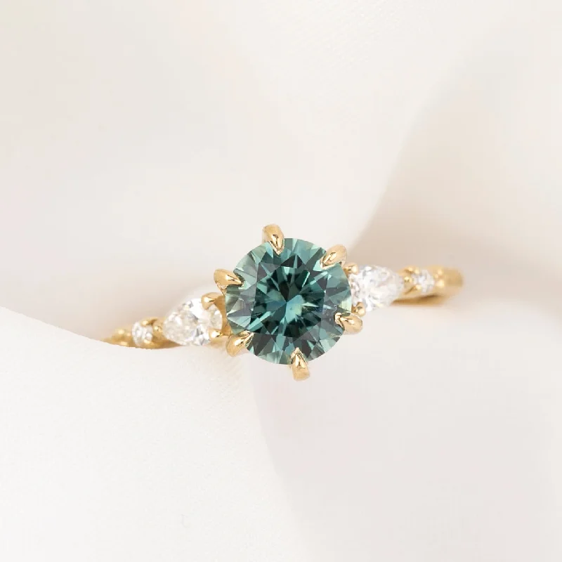 Sunflower design engagement rings-Estel Fleur Petal Ring 1.38ct Aqua Blue Green Montana Sapphire, 14k Yellow Gold (One of a kind)