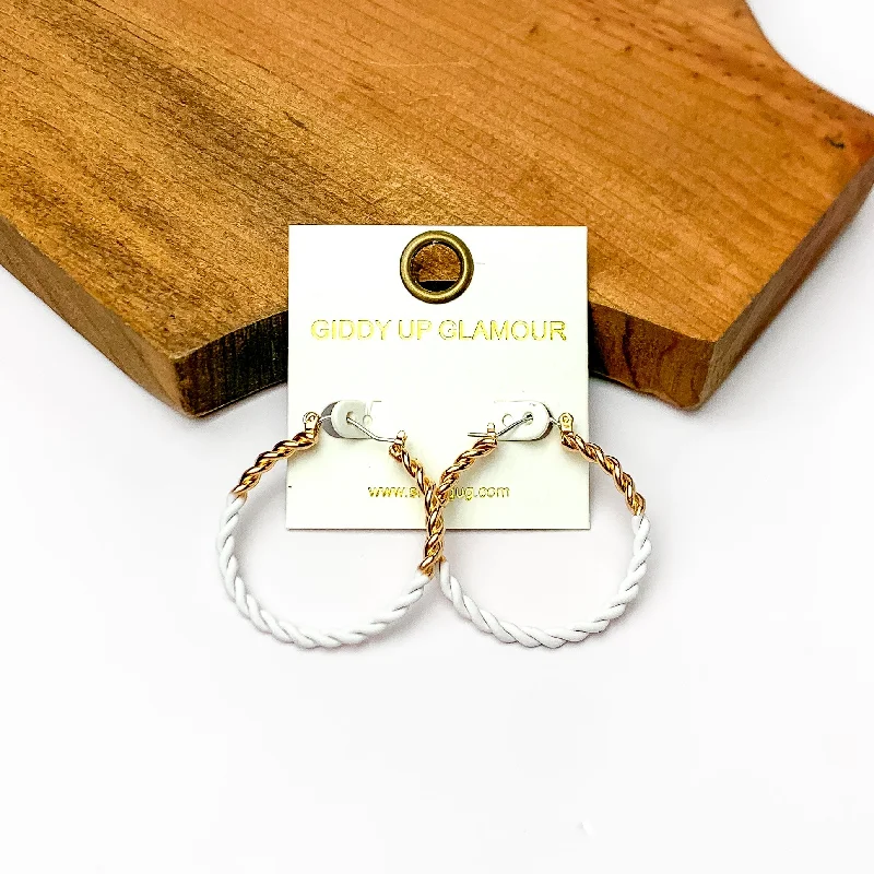 Bead weave earrings-Twisted Gold Tone Hoop Earrings in White