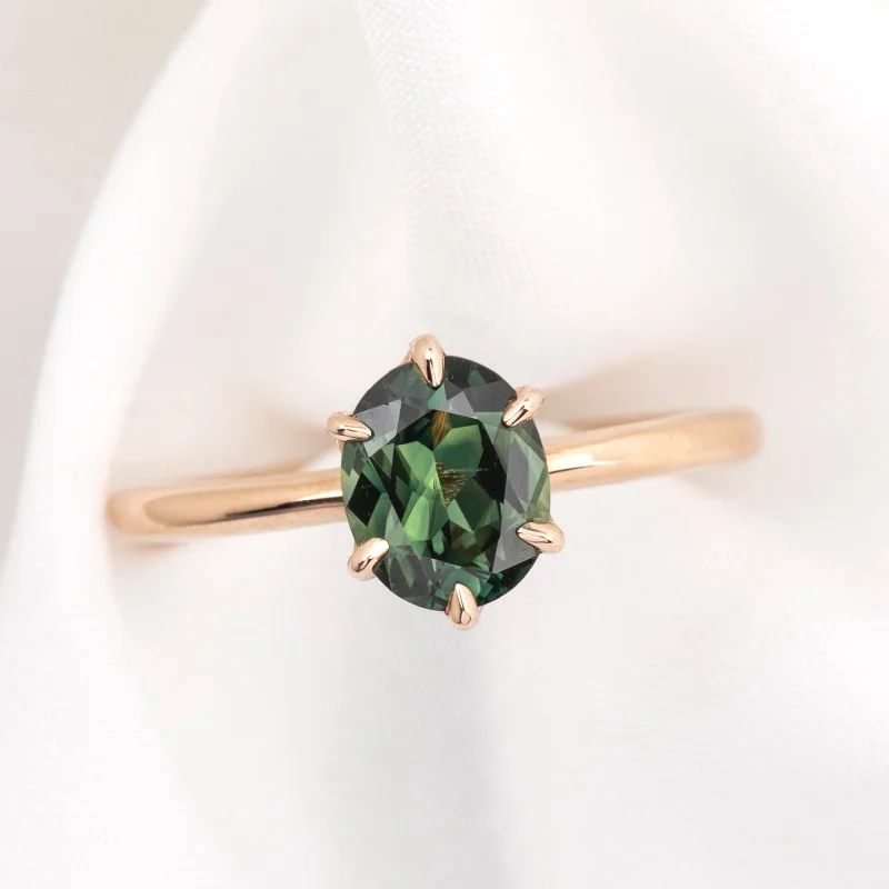 Thick band engagement rings-Floryn Ring 1.38ct Green OVal Queensland Sapphire, 14K Rose Gold (One of a kind)