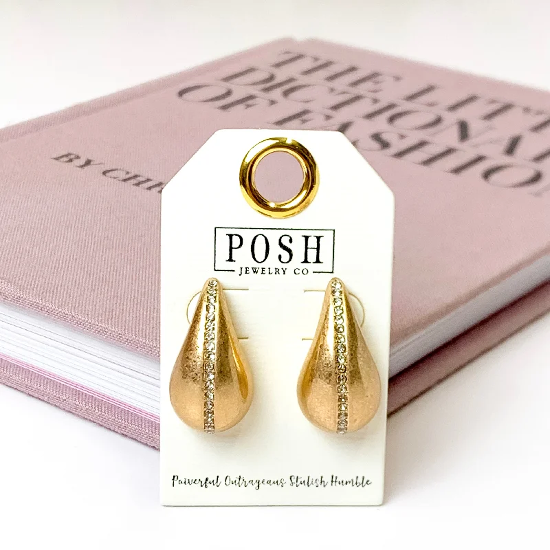 Leaf pattern earrings-Posh by Pink Panache | Rhinestone Accent Raindrop Post Earrings in Gold