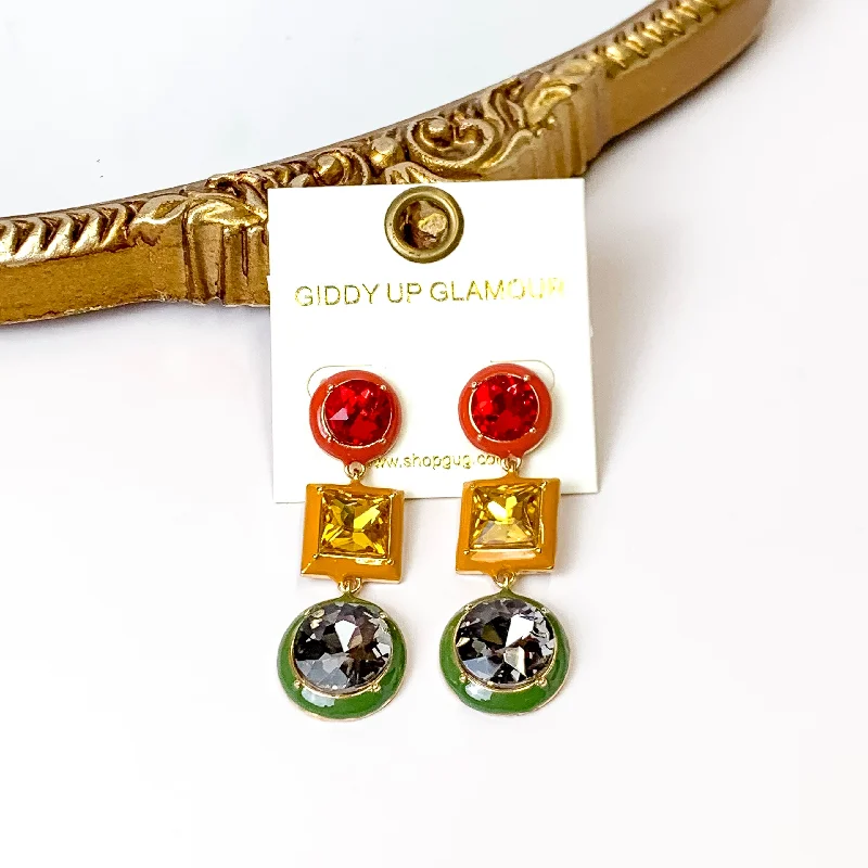 Classic flair earrings-3 Tier Multicolor Enamel Drop Earrings in Red/Yellow/Green