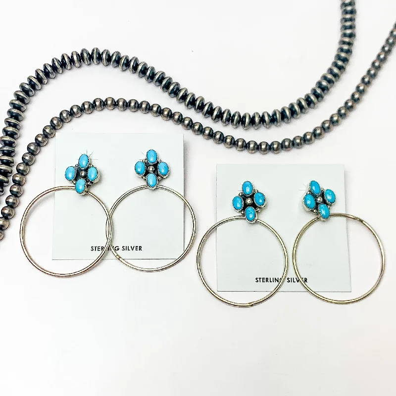 Silk tassel earrings-Anthony Skeets | Navajo Handmade Sterling Silver Hoop Earrings with Four Stone Sleeping Beauty Turquoise Cluster Studs