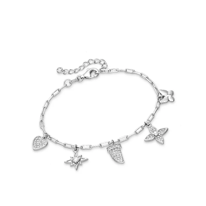 Textured metal bangles-Sterling Silver & Cubic Zirconia Pave Floral Star Heart Charm Bracelet