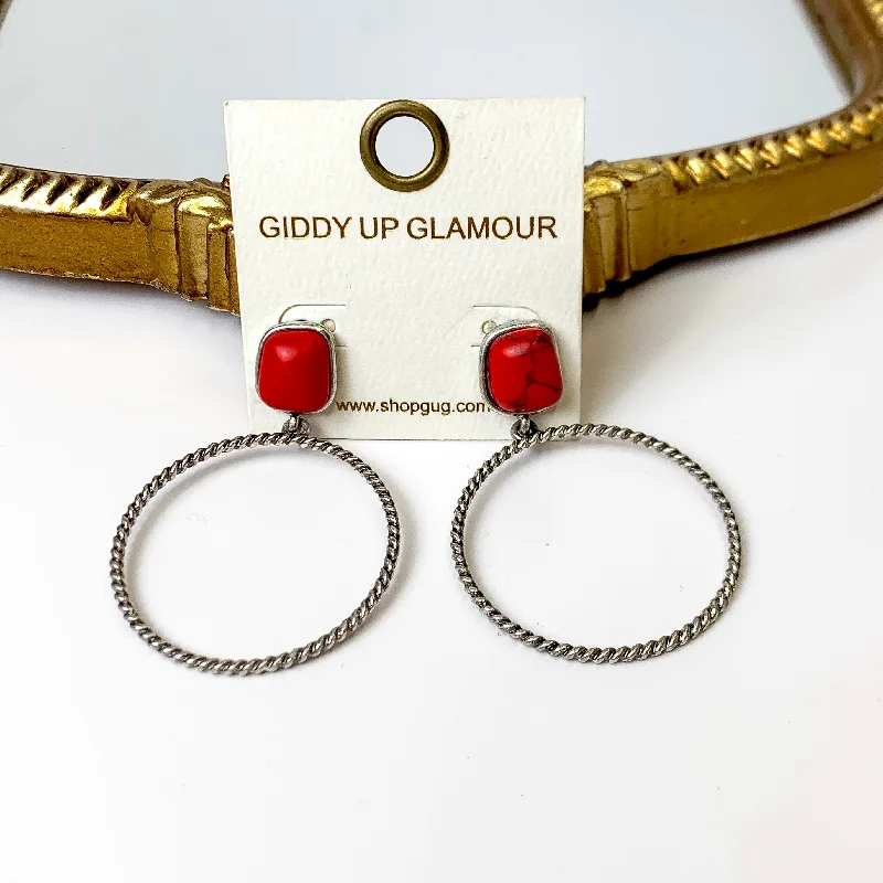 Sleek drop earrings-Soulful Look Circle Drop and Stone Post Silver Earrings in Red