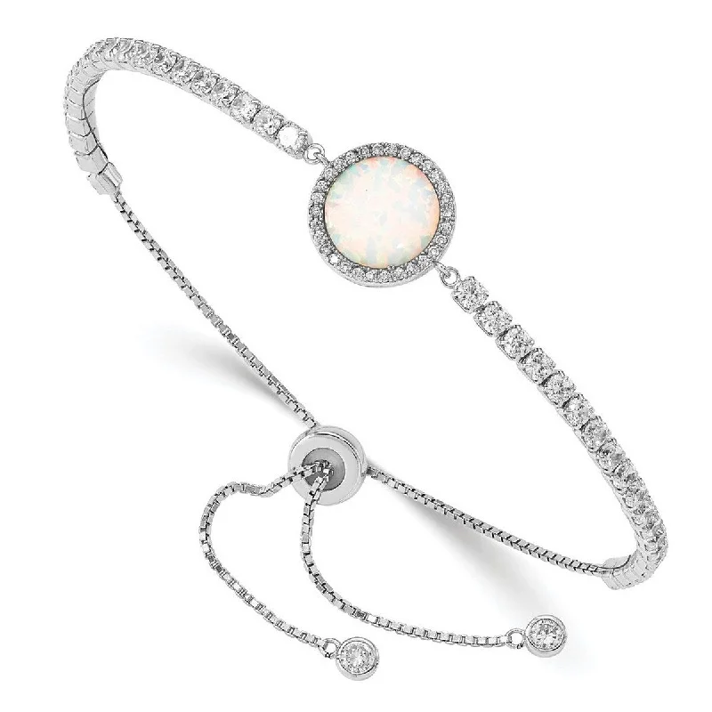 Slim pearl bangles-Curata 925 Sterling Silver Rhodium Plated Lab Simulated Opal and Cubic Zirconia Adjustable Bracelet