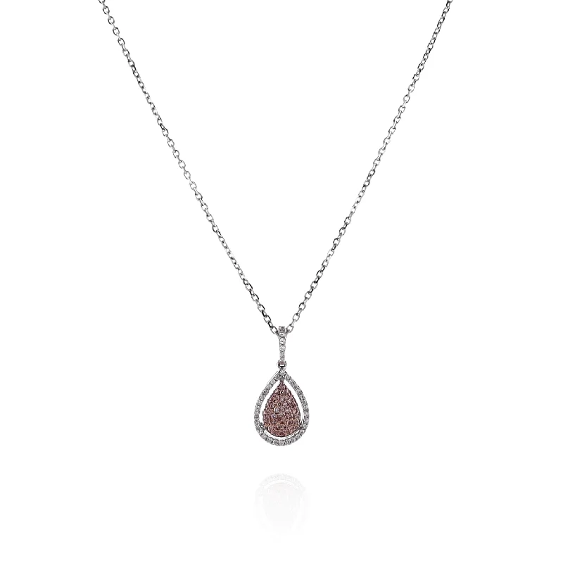 Fairy wing necklaces-18k White Gold Pear Shaped Pink and White Diamond Halo Pendant Necklace