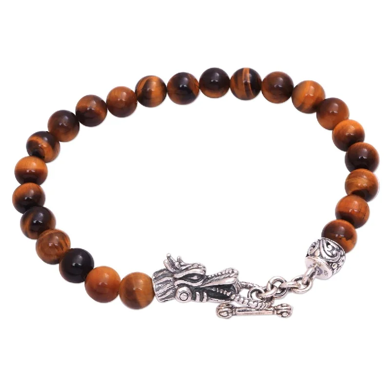 Gem strand bangles-NOVICA Dragon Pride in Brown, Men's tiger's eye beaded bracelet