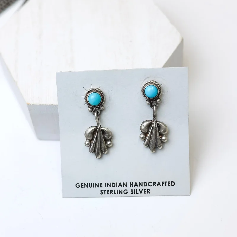 Smooth drop earrings-Annie Spencer | Navajo Handmade Sterling Silver Dainty Ornate Earrings with Kingman Turquoise