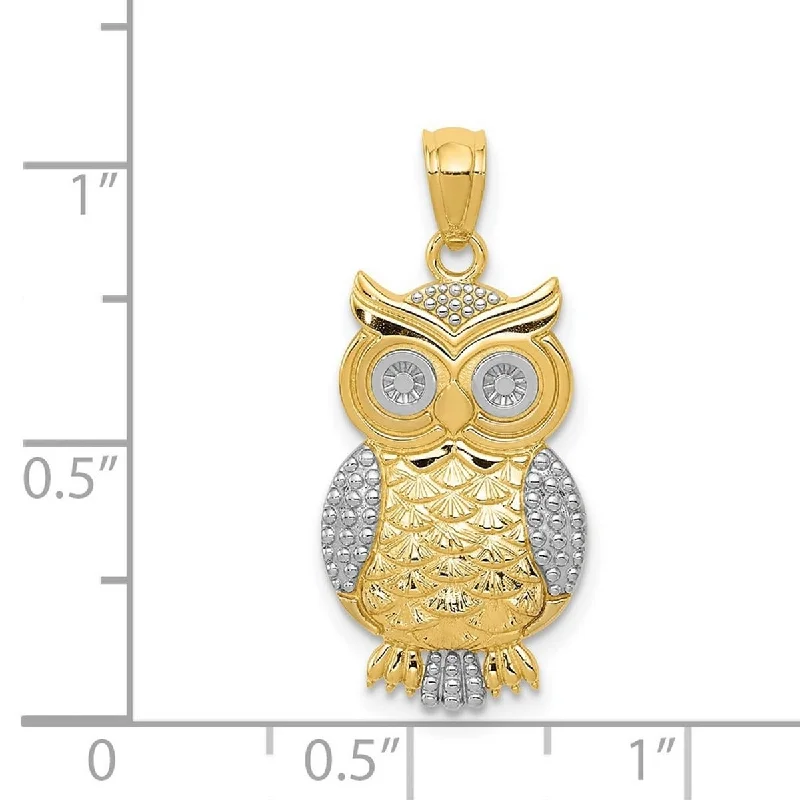 Vivid stone necklaces-Curata 14k Yellow Gold and Rhodium 18" 22.2x12mm Textured Wise Owl Necklace