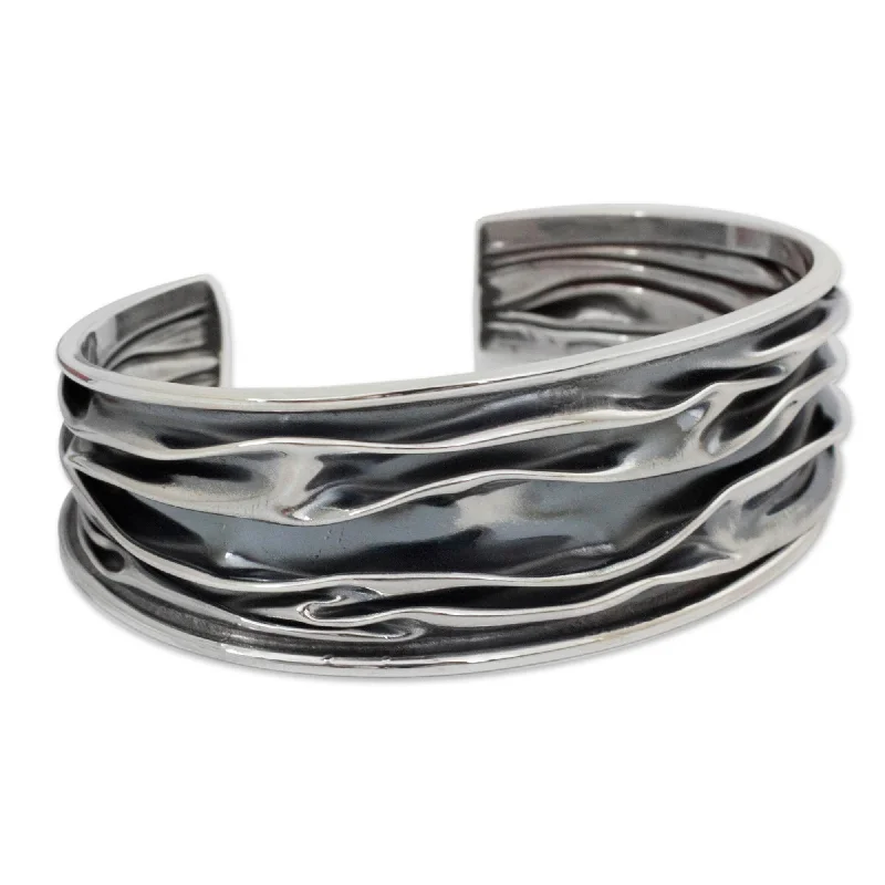 Linen cord bangles-Sterling Silver River Oxidized Finish Cuff Bracelet