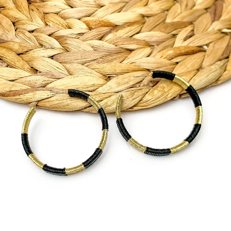 Trekker feather earrings-Game Day Glam Colored Hoop Earrings in Black and Gold