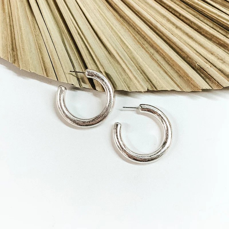 Bright gem earrings-Clean Slate Medium Hoop Earrings in Worn Silver Tone