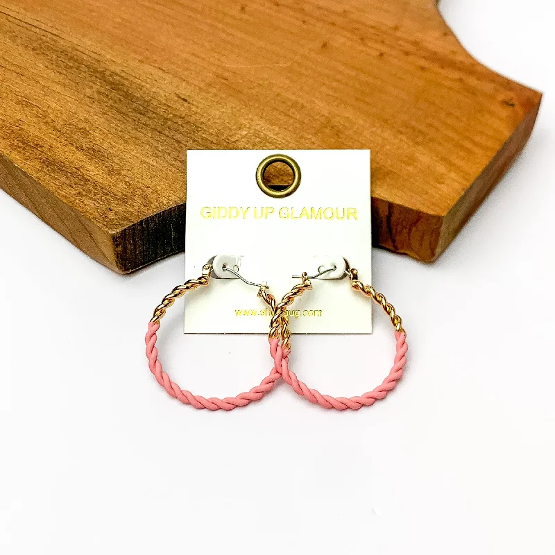 Soft cord earrings-Twisted Gold Tone Hoop Earrings in Light Pink