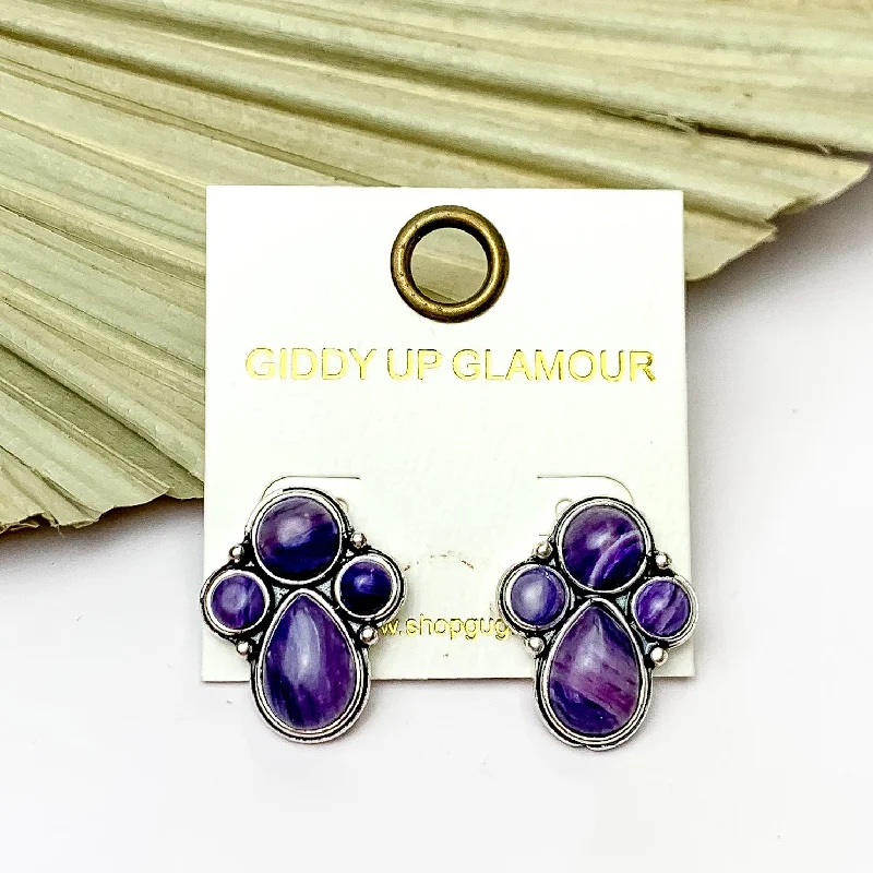 Twine bead earrings-Silver Tone Cluster Stone Earrings in Purple