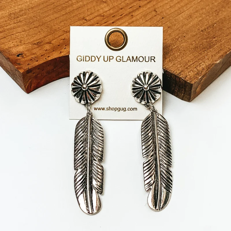 Bead weave earrings-Concho Feather Drop Earrings in Silver