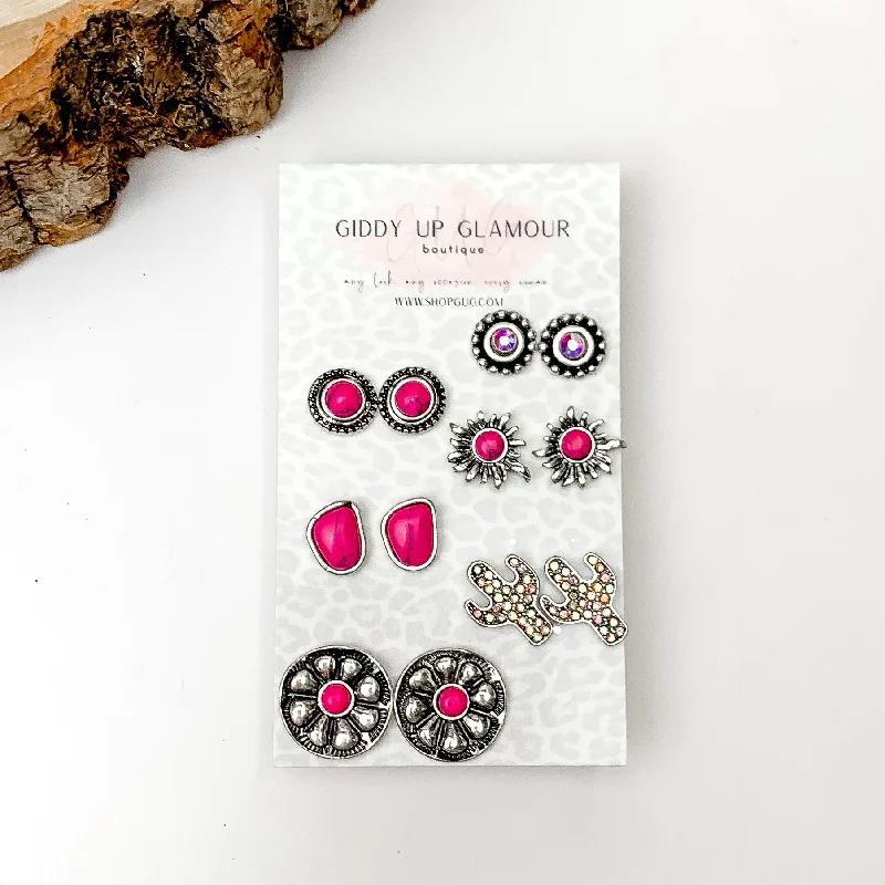 Layered tier earrings-Set Of Six | Western Flowers Fuchsia Pink and Silver Tone Stud Earrings