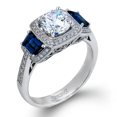 Lace detail engagement rings-18K White Gold Diamond & Trapezoid Cut Sapphire Ring