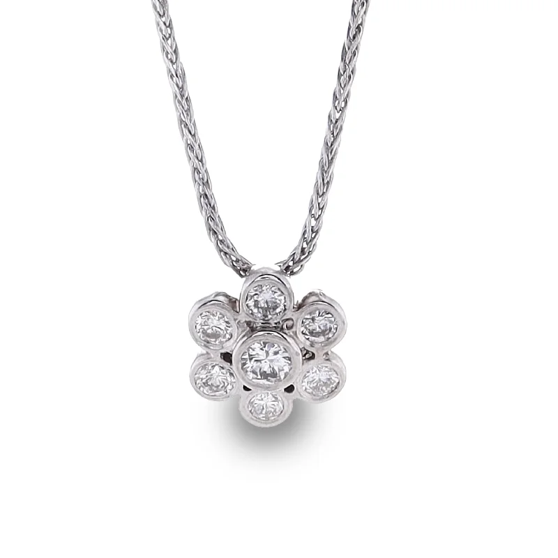 Retro deco necklaces-Estate 14k White Gold Bezel Set Floral Design Diamond Pendant Necklace