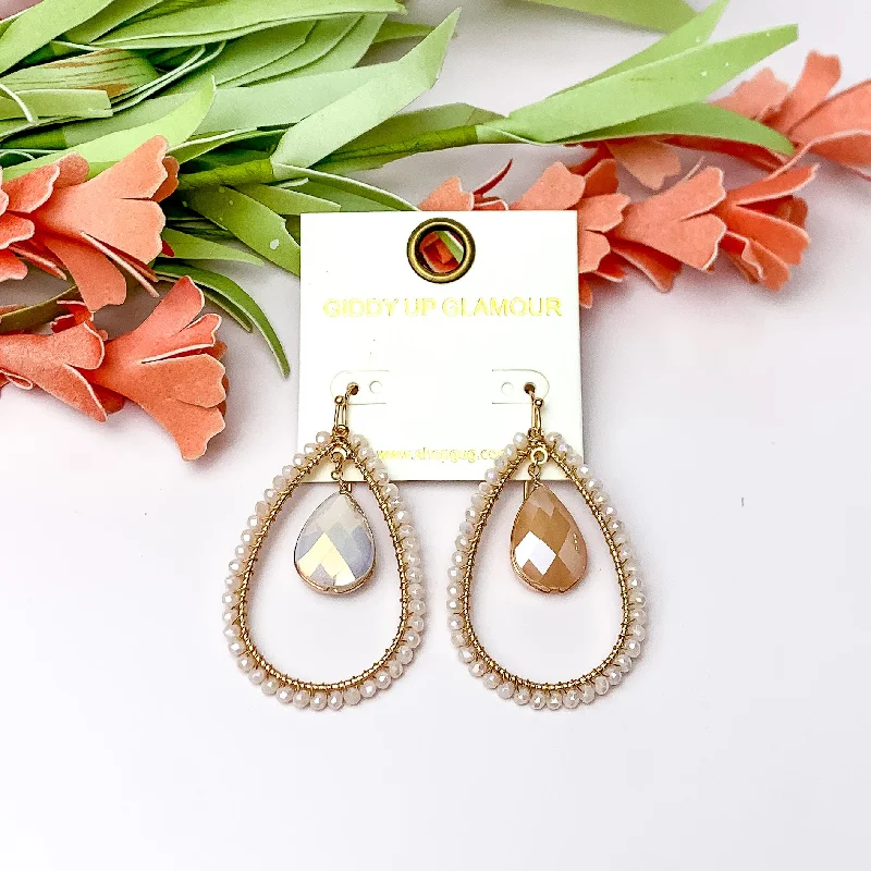 Rose motif earrings-Ivory Stone Inside Open Beaded Teardrop Earrings with Gold Tone Outline