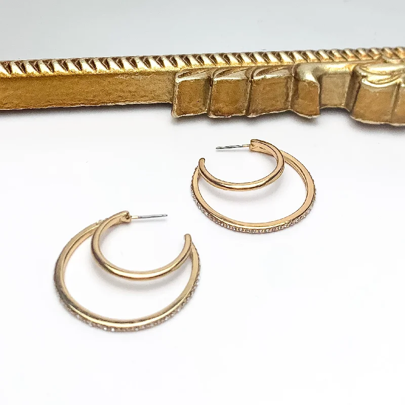 Heavy hoop earrings-Midnight Hour Gold Tone Hoop Earrings With Clear Crystals