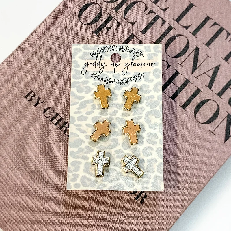 Trekker weave earrings-Druzy Cross Stud Earring Set in a Neutral Mix